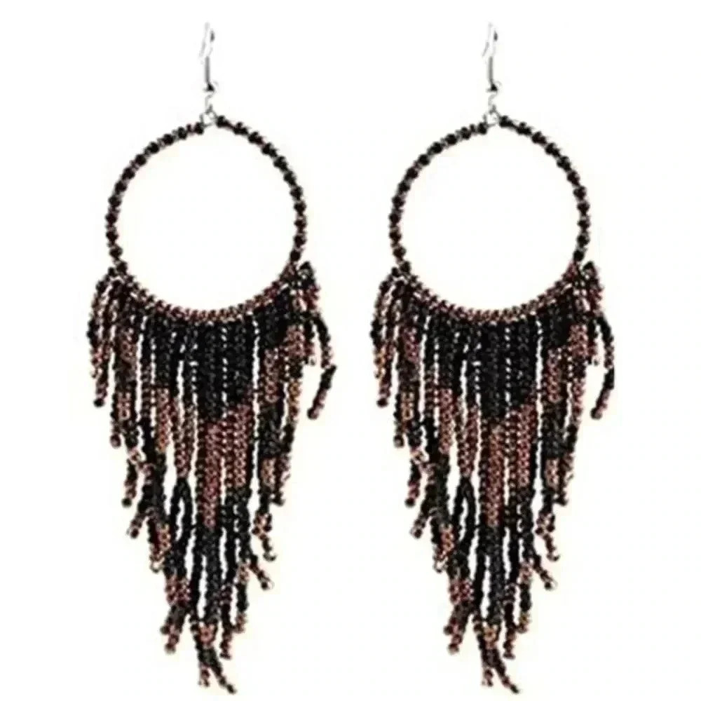 Black & Copper Seed Bead Circle & Tassel Large Drop Earrings NWT
